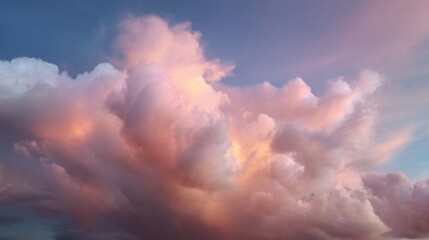 Fototapeta premium Close-up of a large cloud formation in the sky. the cloud is predominantly pink and orange in color, with some areas of white and gray.