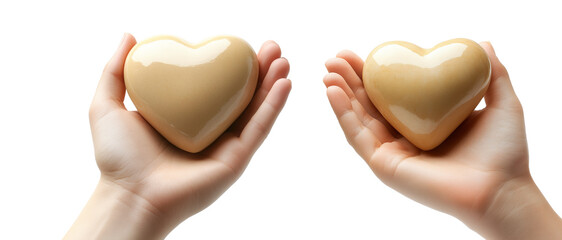 Set of hand holding glossy white heart isolated on white transparent background. Symbol of love and Valentine's Day treats
