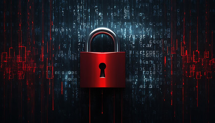 Red padlock on digital binary code background security