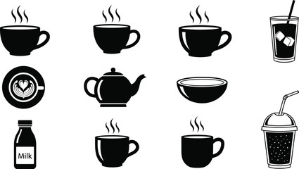 Set of vector coffee and tea cup icons with hot drink illustrations for cafe and breakfast beverage designs