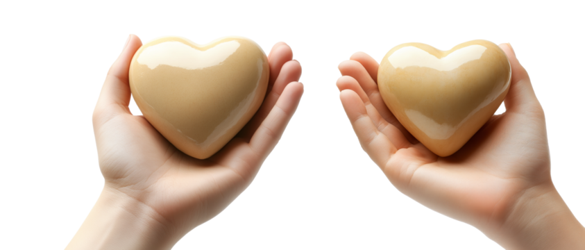 Set of hand holding glossy white heart isolated on white transparent background. Symbol of love and Valentine's Day treats