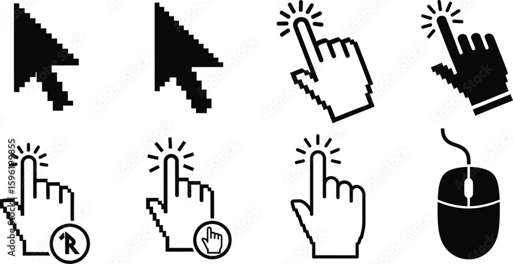 Fototapete Pixelated vector set of hand cursor icons for web and computer mouse pointer communication