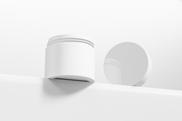 Glass Cream jar mockup, white skincare cylindrical Container with white plastic lid, round eye cream Packaging, luxury face cream product, eco-friendly glass cosmetic packaging mockup