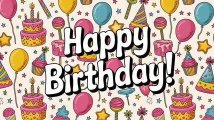 A seamless festive pattern on white background with pastel hand-drawn balloons, confetti, gifts, cake, streamers