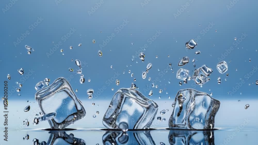 Poster ice cubes fall into a pool of water, creating ripples and visual interest