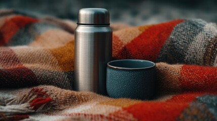 Stainless steel thermos flask and a small blue ceramic cup placed on a plaid blanket. the thermos is cylindrical in shape with a lid on top and appears to be made of stainless steel.