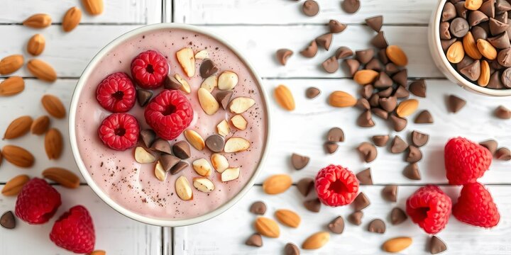 Creamy raspberry almond smoothie bowl, chocolate chips & almonds, rustic white wood, antioxidant, refreshing - Powered by Adobe