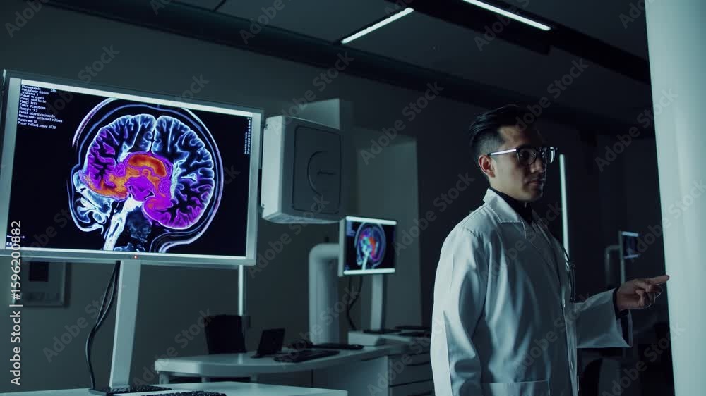 Poster arafed man in lab coat working intently on computer screen mri in action gen, perfect for hightech a