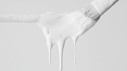Close-up of a paintbrush with a white paint dripping down from it. the paintbrush has a long handle with a pointed tip and a bristled head.