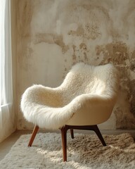 Fluffy fur sheepskin lounge chair placed on a shaggy rug against a Venetian stucco wall with ample copy space. Minimalist home interior design for a modern living room, Generative AI