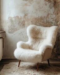 Fluffy fur sheepskin lounge chair placed on a shaggy rug against a Venetian stucco wall with ample copy space. Minimalist home interior design for a modern living room, Generative AI