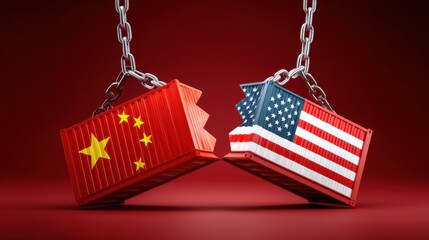 Global market tariff trade war. Chains holding broken shipping containers representing US-China trade conflict.