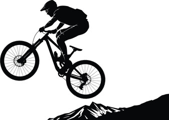 Naklejka premium Silhouette of mountain biker jumping over peak, extreme sports adventure, downhill biking action, outdoor recreation in nature, black and white graphic design element