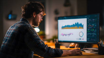 Man in glasses working on computer with data charts and graphs displayed on the screen at a desk at night