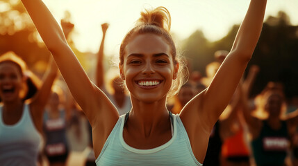 Group of smiling fit athletes celebrating the end of a summer workout session during a golden sunset