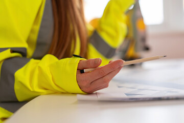 A construction worker in bright yellow safety attire examines project plans on a table while...