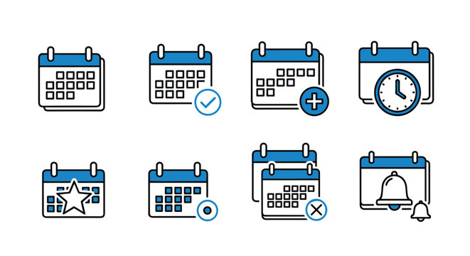 Calendar icons with diverse symbols for versatile scheduling. Perfect for planners, organizers, digital calendars, or scheduling apps design projects.