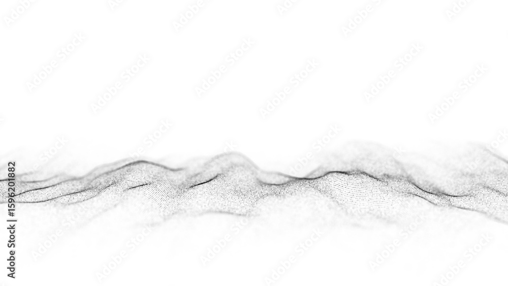 Poster abstract white wave with moving dots. flow of particles. cyber technology illustration. 3d rendering