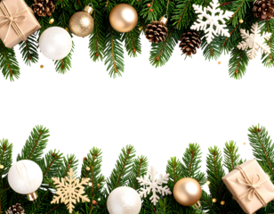 Festive evergreen branches adorned with golden and white ornaments create a joyful holiday border.