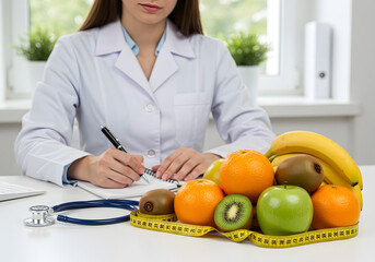 Doctor writing with fruit and measuring tape on desk in office with stethoscope and plants in background