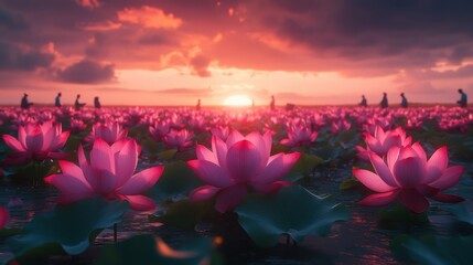 Lotus Field with Sunset and Silhouetted Figures
