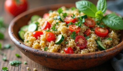 Delicious Mediterranean Couscous Salad in a Terracotta Bowl