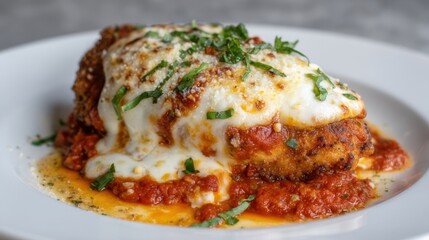 Plate of food, specifically a dish of lasagna. the lasagna is made with layers of meat, cheese, and tomato sauce. the top layer is covered in melted cheese and is garnished with chopped parsley.