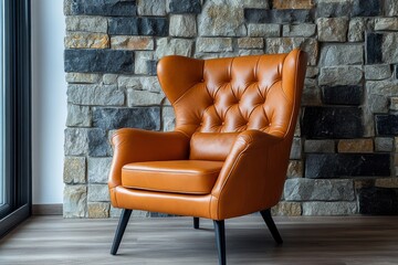 Orange leather wing chair placed against a stone wall. Rustic minimalist home interior design for a modern living room, Generative AI