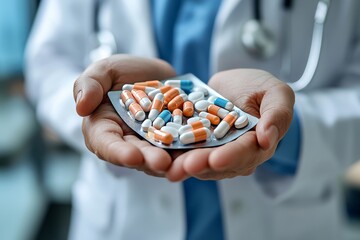Pharmaceutical sales representative presenting new medication to doctors in a medical building, showcasing the latest advancements in pharmaceutical care, Generative AI