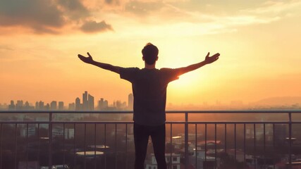 Silhouette of a young man standing on a rooftop with open arms at golden hour, enjoying the breathtaking cityscape view and the warm sunlight