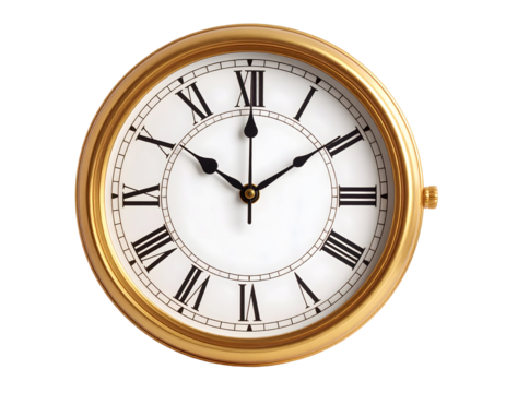 An elegant golden clock with classic Roman numerals displays the precise passage of time.