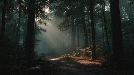 Obraz premium Sunbeams pierce a misty forest path, illuminating trees in a tranquil, natural scene