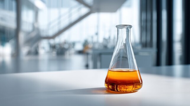 Amber liquid in a glass beaker in a modern laboratory