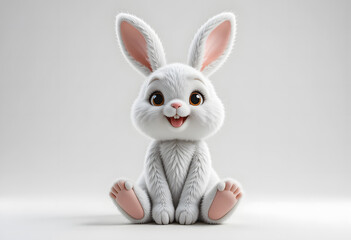 Fototapeta premium Adorable 3D cartoon bunny plush toy sitting and smiling, with a soft and realistic texture on a clean white background.