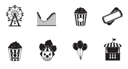 Black and white carnival amusement park icons representing fun and entertainment