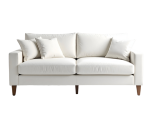A pristine modern white sofa with plush cushions offers inviting comfort and contemporary style