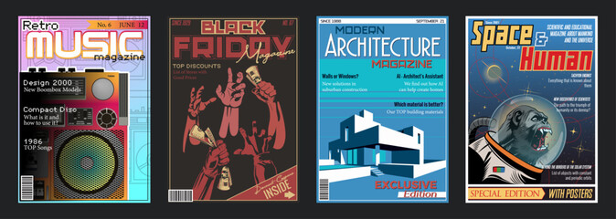 Fake Magazines Cover Set, Space and Human, Retro Music, Black Friday, Modern Architecture Special Editions, Vector Templates for Posters, Covers, Illustrations