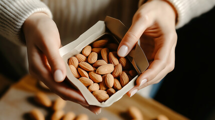 Person eagerly opens a small pack of almonds for a healthy snack at home during the afternoon