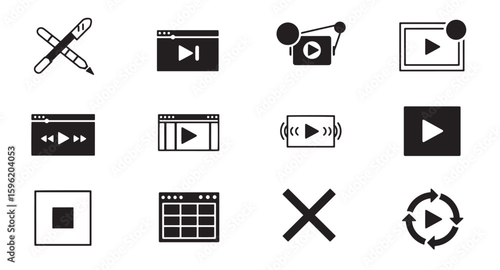 Poster black and white vector icons depicting multimedia video player controls and design elements