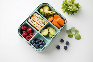 Healthy lunchbox with sandwiches veggies and berries