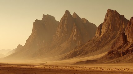 Naklejka premium Arid landscape featuring sharp, jagged mountains with a hazy, desert-like ground