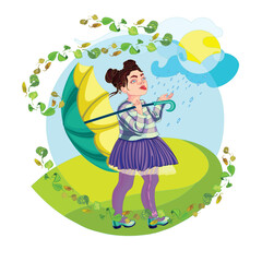 Cheerful girl with umbrella in the rain. Cute vector illustration. Autumn postcard.