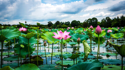 A serene lotus pond blooms with vibrant pink flowers and buds beneath a dramatic, moody cloudy sky