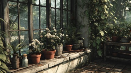 Sunlit Greenhouse with Lush Greenery and White Flowers