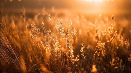 Sunlit golden grasses gently glow, a beautiful tranquil autumn field scene