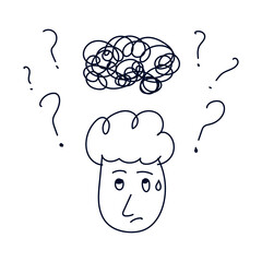 cartoon style line drawing of a confused human with tangled lines and lots of question mark concept of confusion, stress, and doubt 