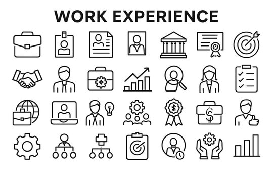 A collection of solid black icons for work experience and career