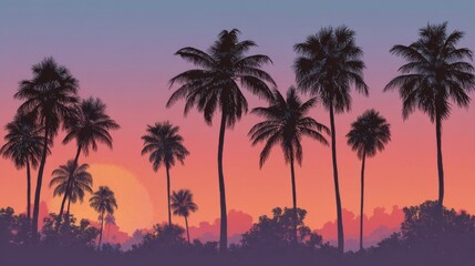Silhouette Palm Trees at Sunset, Pixel Art Tropical Landscape