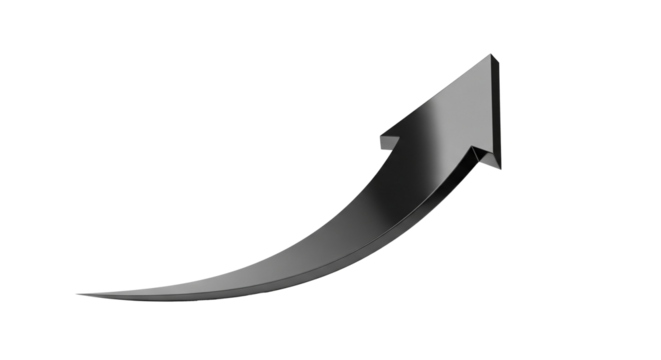 A sleek black 3D arrow curves upwards, symbolizing growth, success, and positive direction on a clean white background.