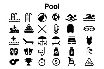 A collection of solid black icons for swimming pools and recreation